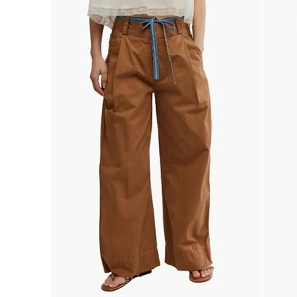 Free People Wide Leg Buckle Back Trousers, khaki tan, cotton, boho, size 12 NWT - Picture 1 of 8